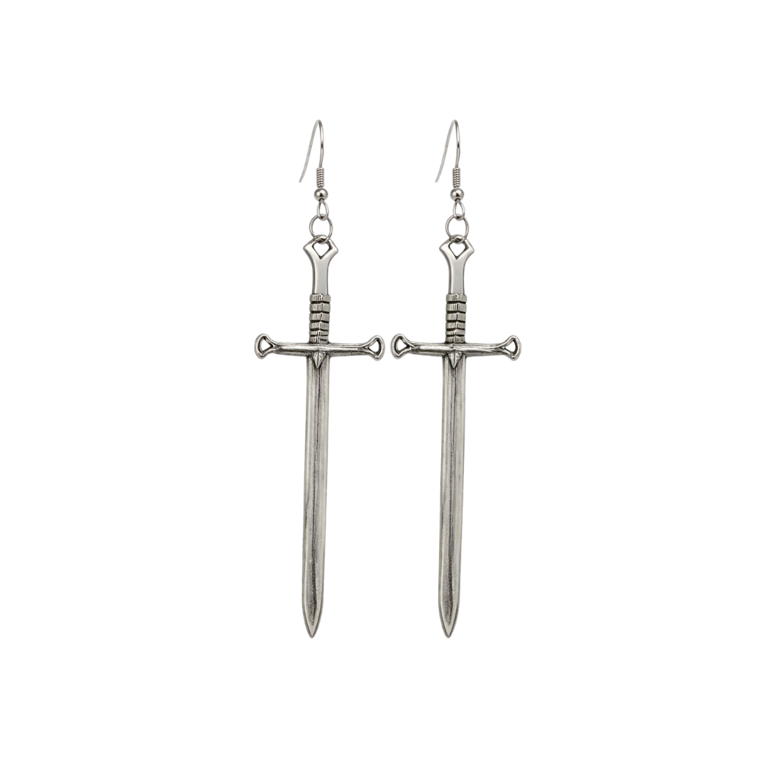 Sword-shaped earrings on a white background