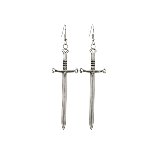 Sword-shaped earrings on a white background