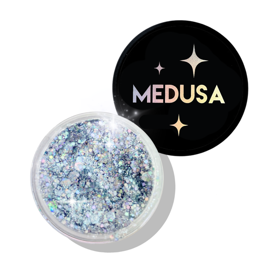 Silver holographic, chunky glitter gel.