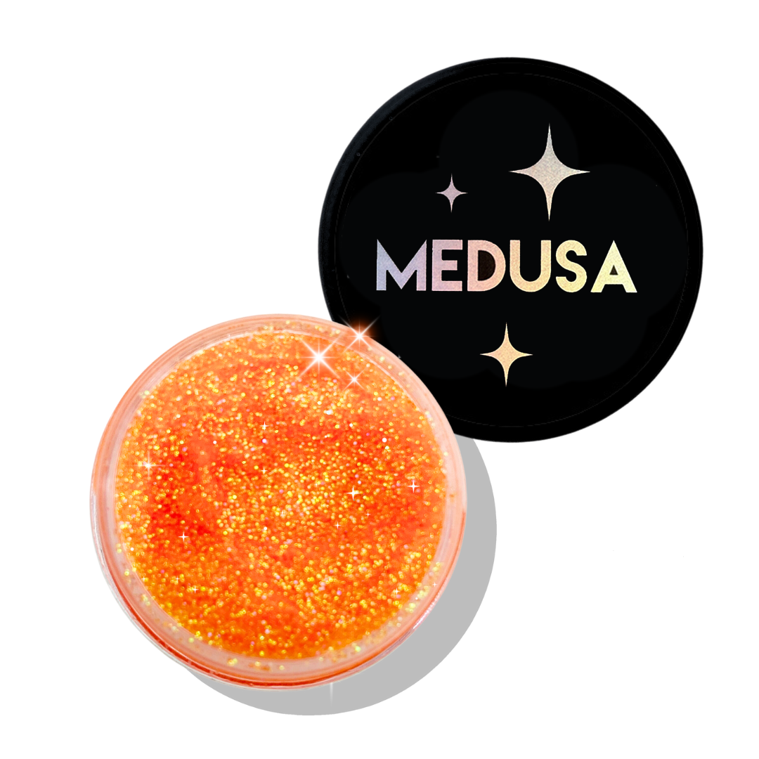 Orange iridescent, micro glitter gel.