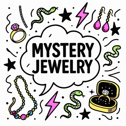Illustration of jewelry items with 'Mystery Jewelry' text in a speech bubble.