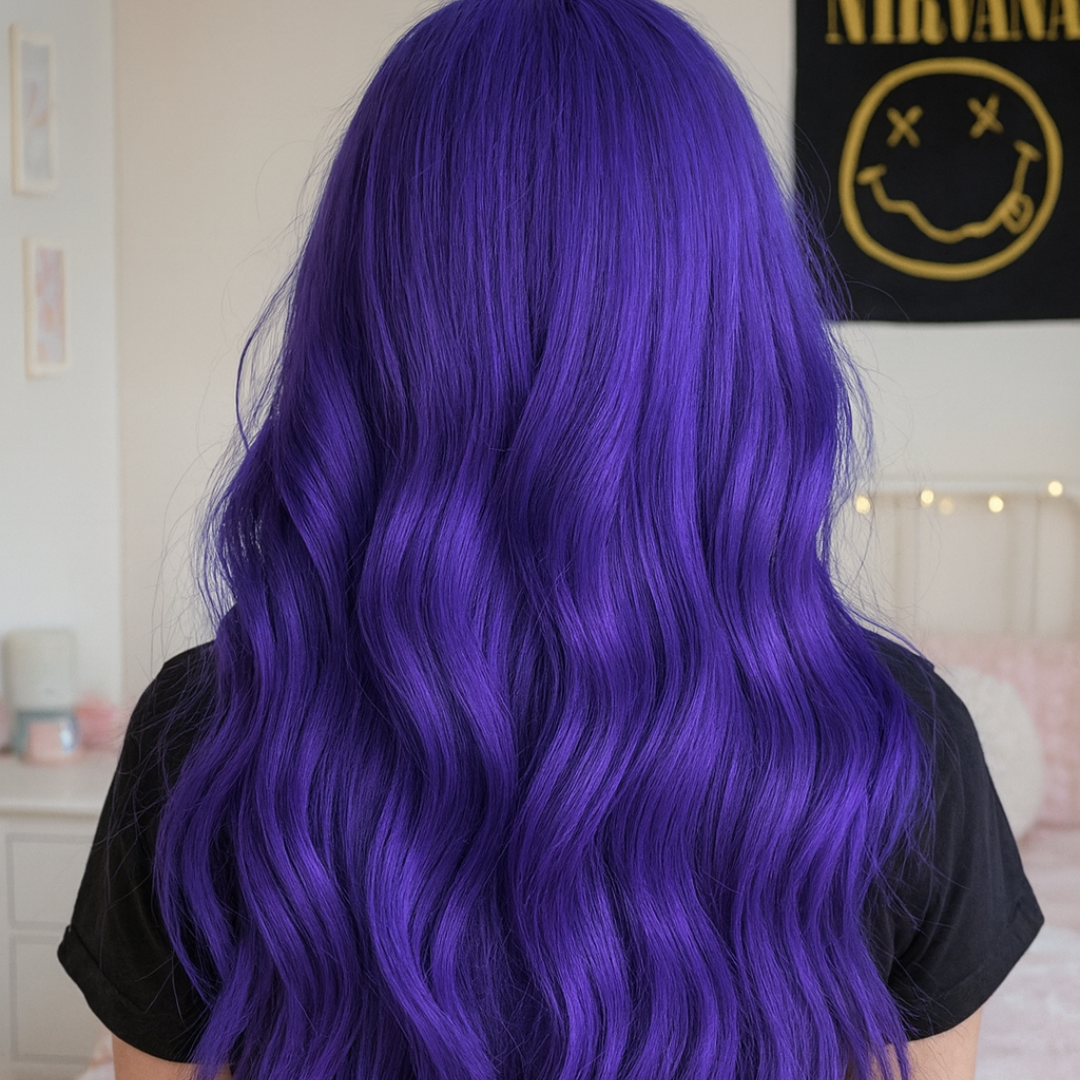 Person with vibrant purple hair in a room with a Nirvana poster on the wall.