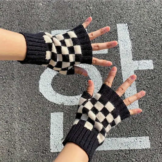 checker fingerless gloves