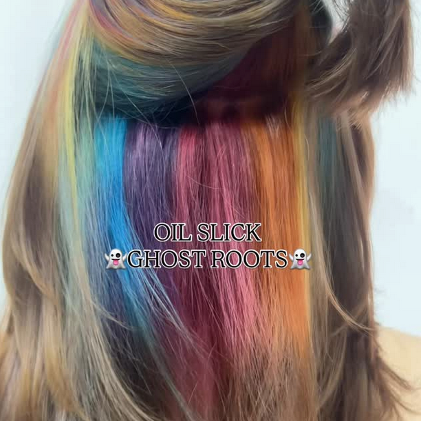 Multicolored hair with text overlay 'Oil Slick Ghost Roots' on a white background