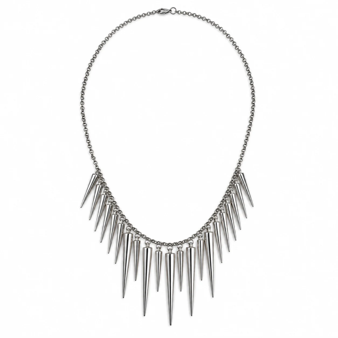 A silver-toned metal spike necklace with a delicate chain and multiple sharp conical spikes hanging from a central bar, shown on a plain white background.
