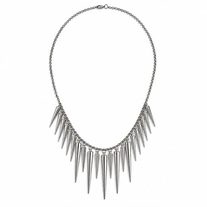 A silver-toned metal spike necklace with a delicate chain and multiple sharp conical spikes hanging from a central bar, shown on a plain white background.