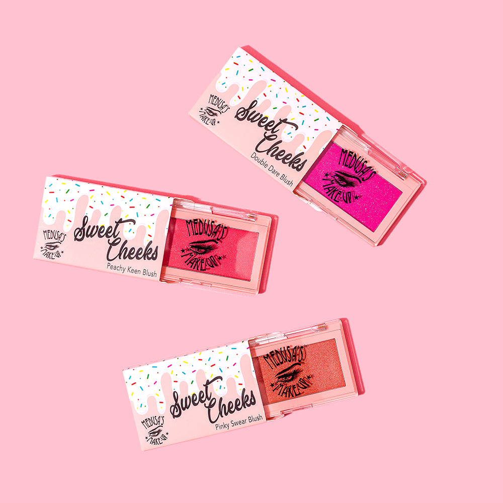 Sweet cheeks blush set displayed on a pink background