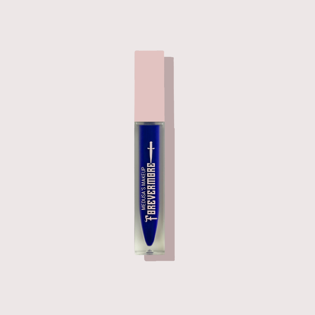 Lip gloss with pink cap and blue body on a light gray background