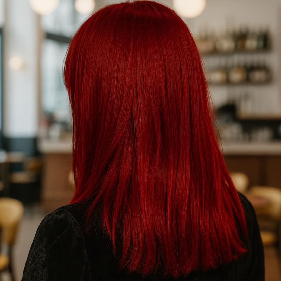 Person with vibrant red hair in a salon setting