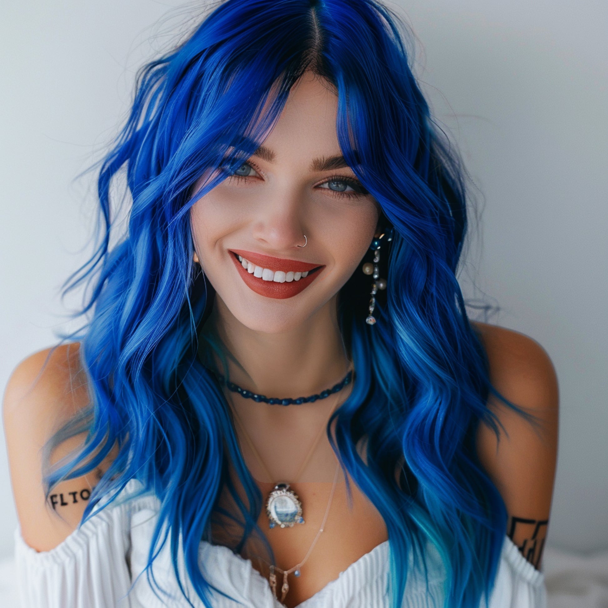 model wearing blue hair deja blue