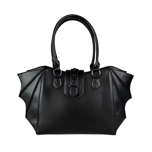 Black handbag with a bow design on a white background