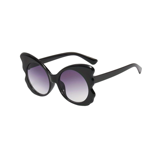 Black cat-eye sunglasses with purple gradient lenses on a white background