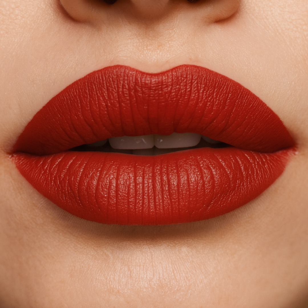 Close-up of red lipstick on lips with a neutral background