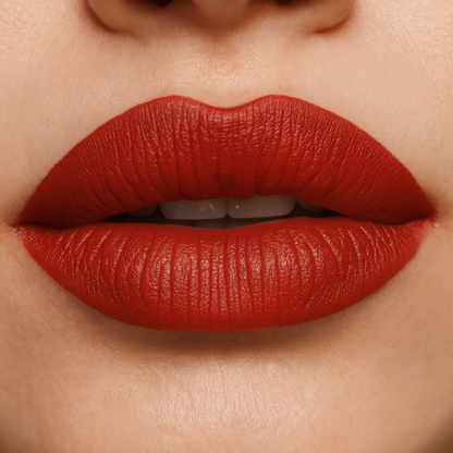 Close-up of red lipstick on lips with a neutral background