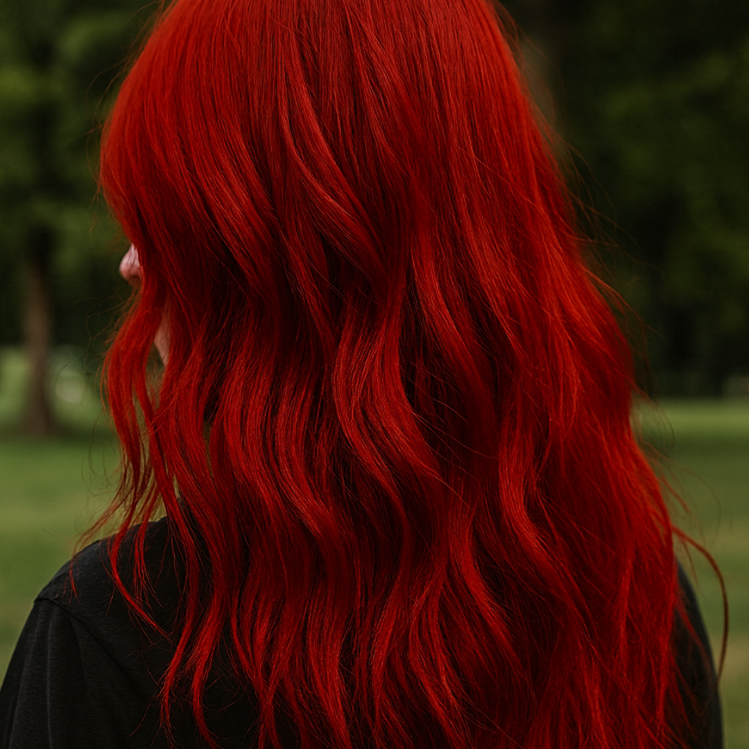 Person with vibrant red hair standing outdoors with a blurred green background