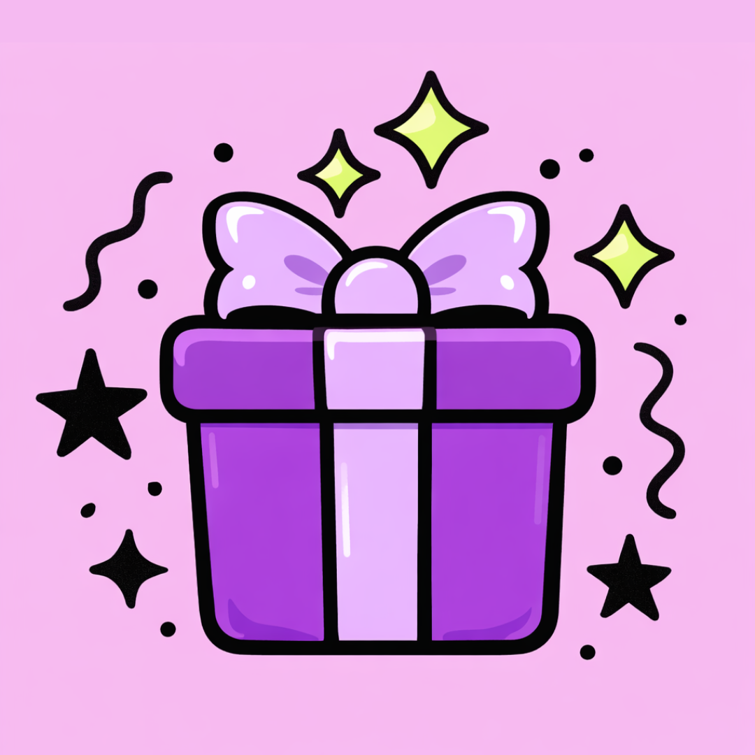Purple gift box with a bow on a pink background with stars
