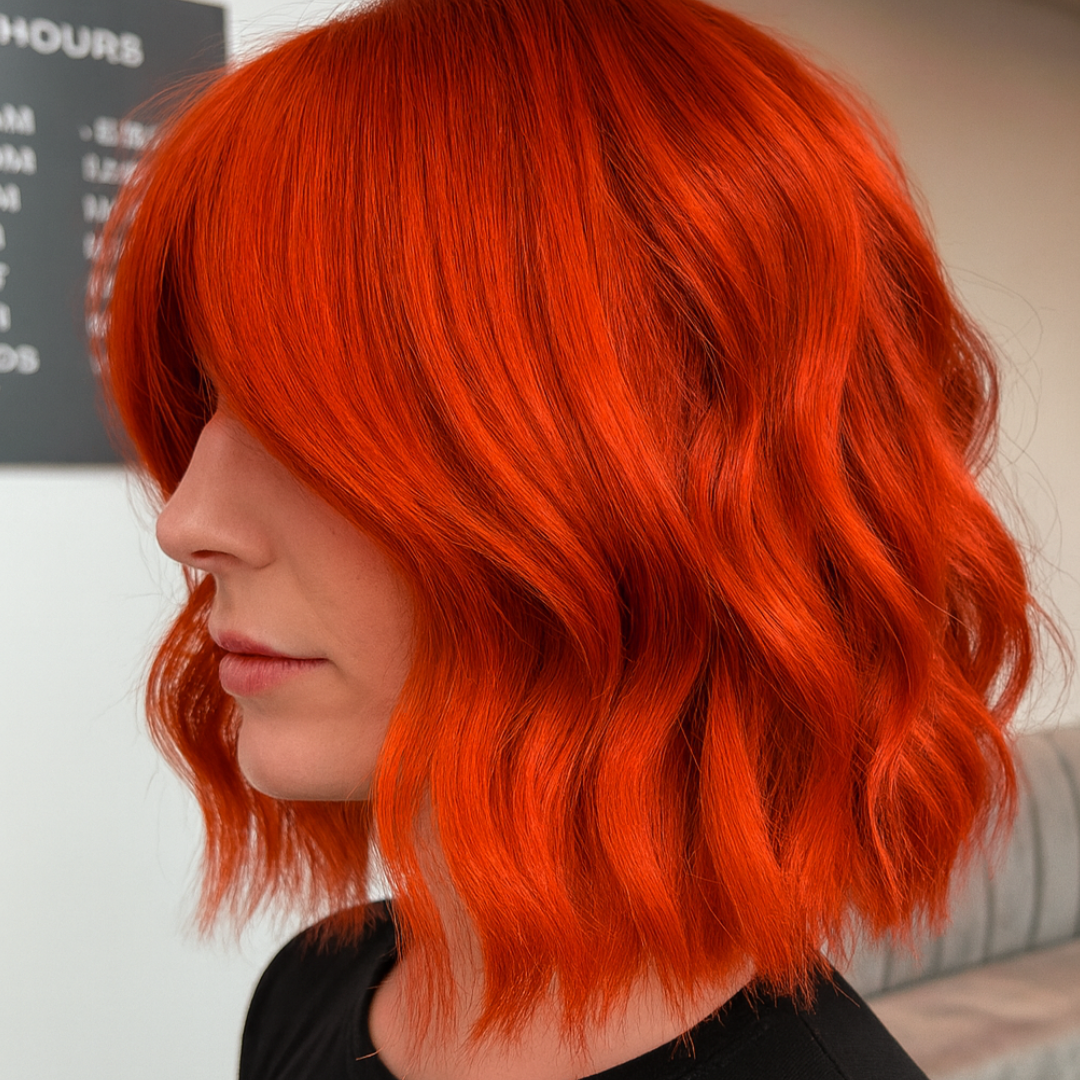 Person with vibrant orange hair in a salon setting
