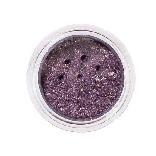 Purple glittery powder in a small open container on a white background