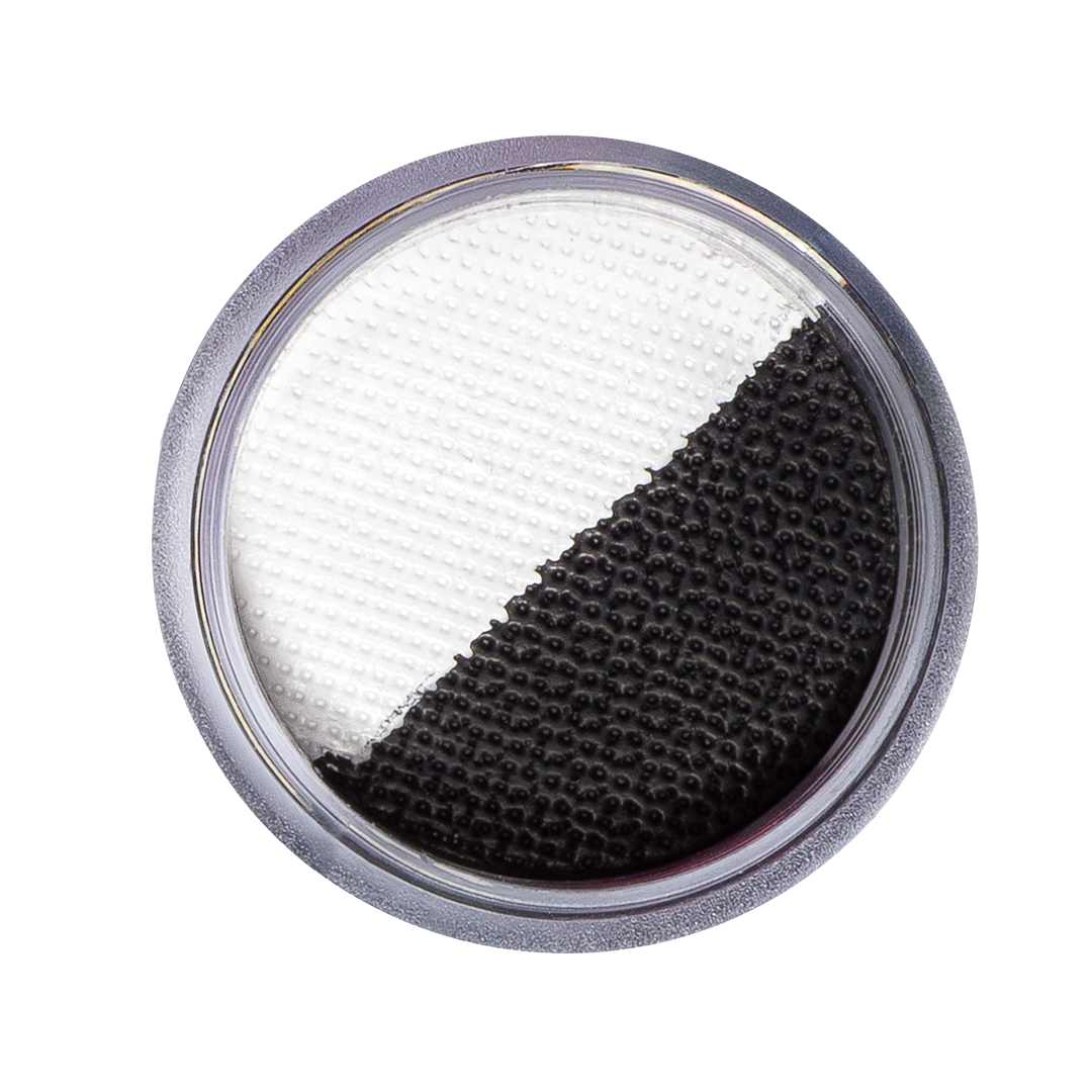 Round filter with white and black sections on a white background