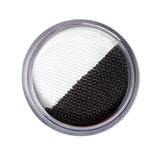 Round filter with white and black sections on a white background