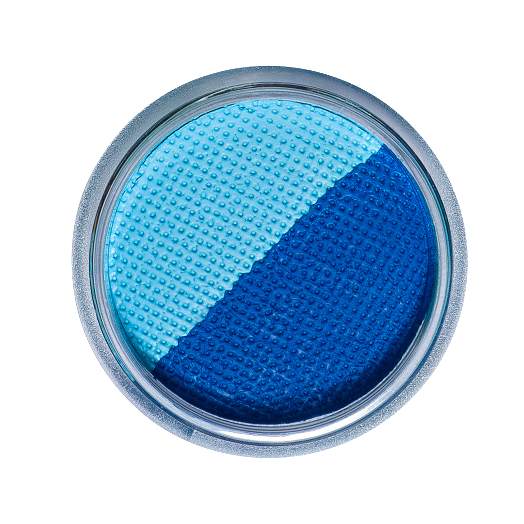 Two-tone blue makeup compact with textured finish on a white background