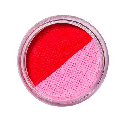 Makeup compact with red and pink shades on a white background