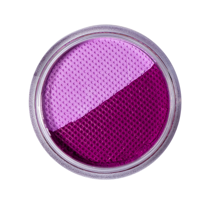 Makeup compact with pink and purple shades on a white background