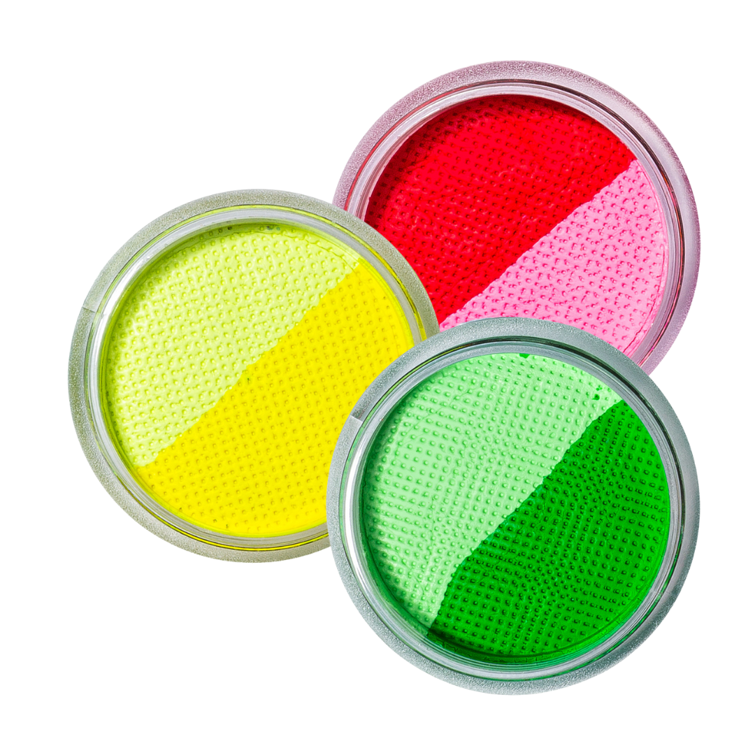Three round containers with colorful powders inside on a white background