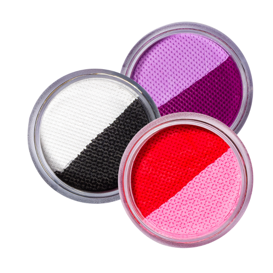 Three round makeup compact cases with different color combinations on a white background