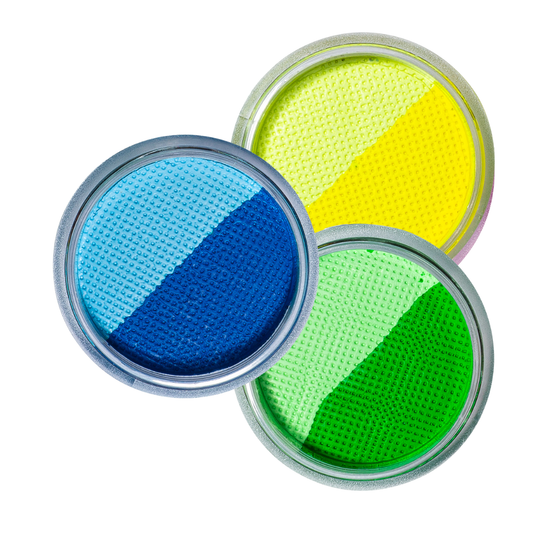 Three round containers with colorful textured surfaces on a white background