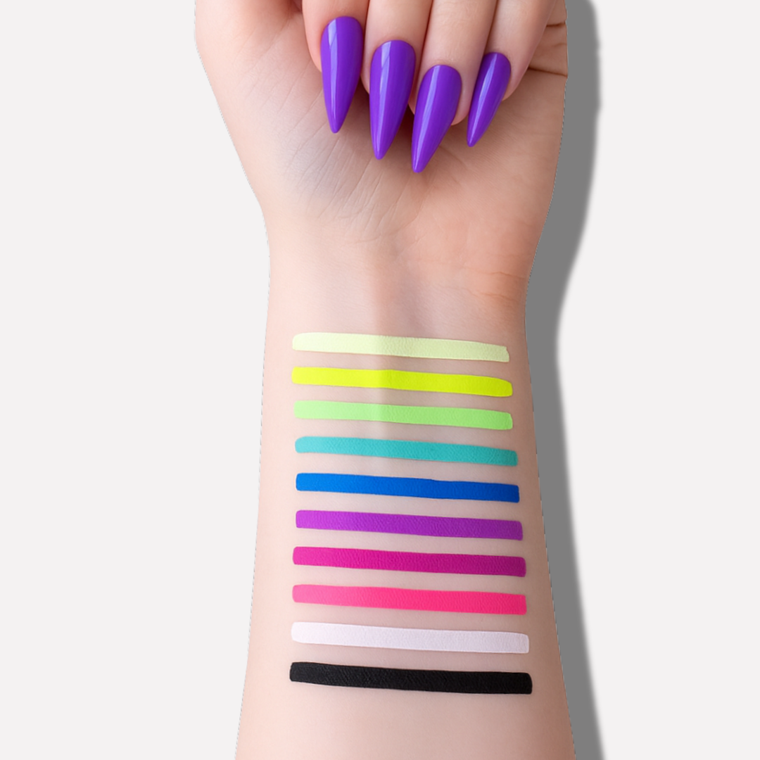 Color swatches on a person's arm with various bright colors.