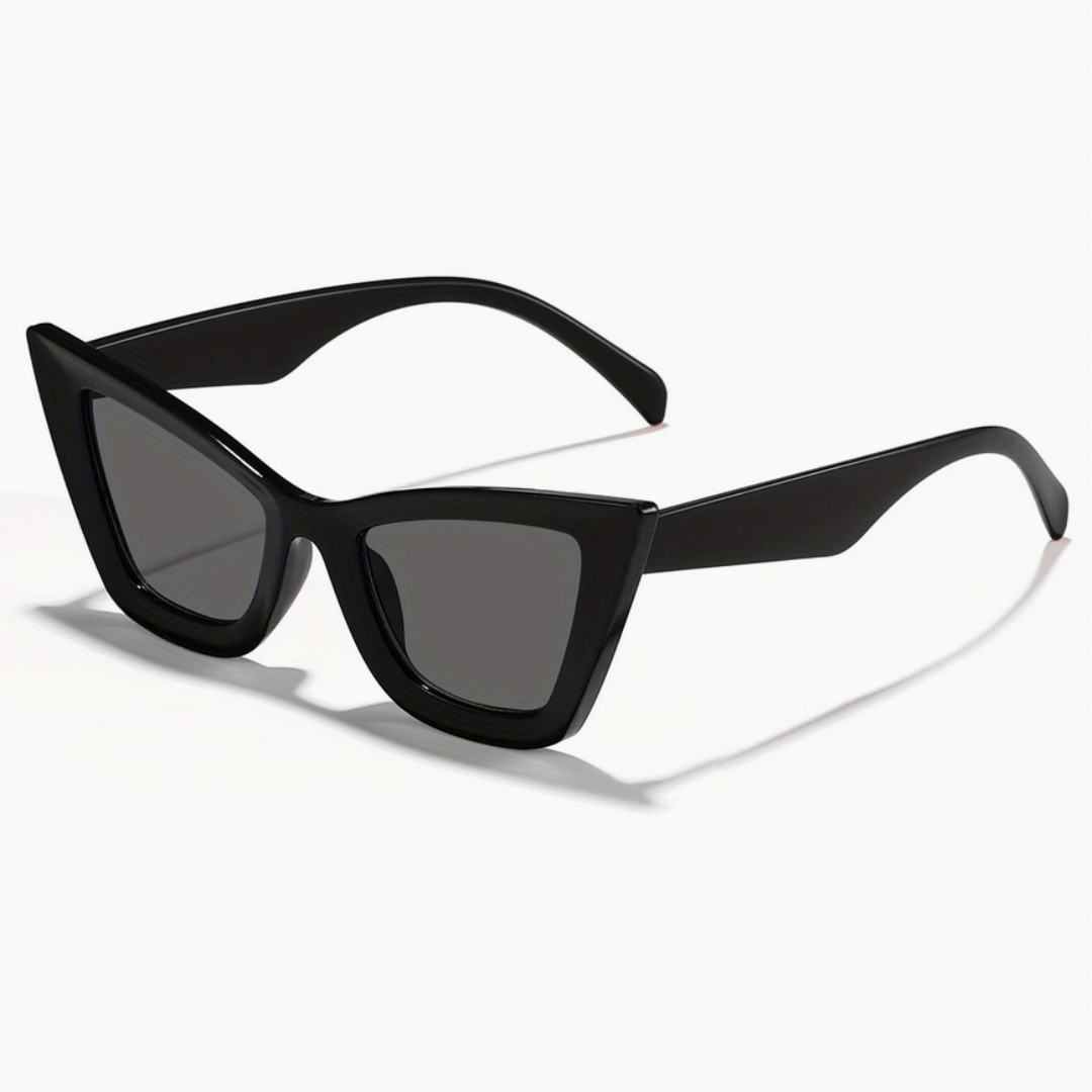 Black cat-eye sunglasses with dark lenses on a white background
