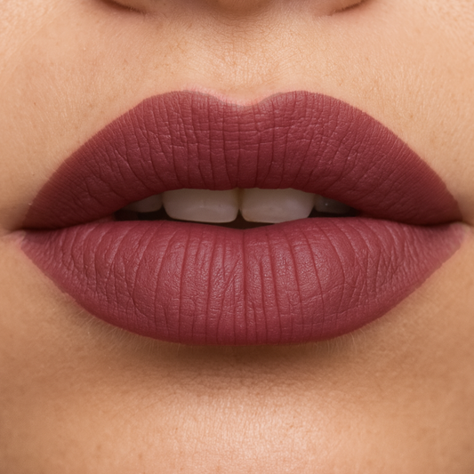 Close-up of a person's lips wearing a matte lipstick