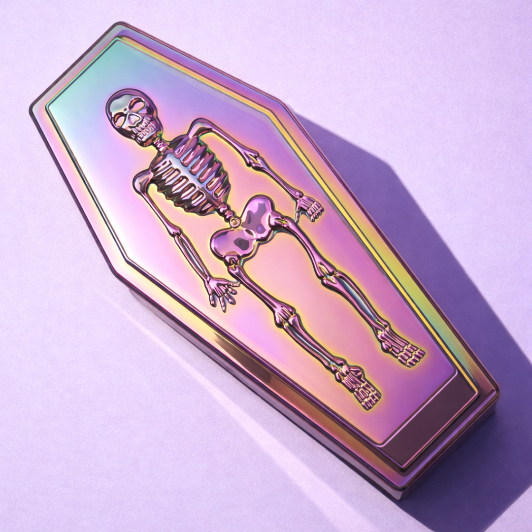 Iridescent coffin-shaped object with a skeleton design on a white background