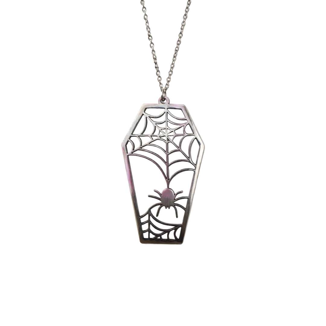 Coffin-shaped pendant with spider web and spider design on a white background