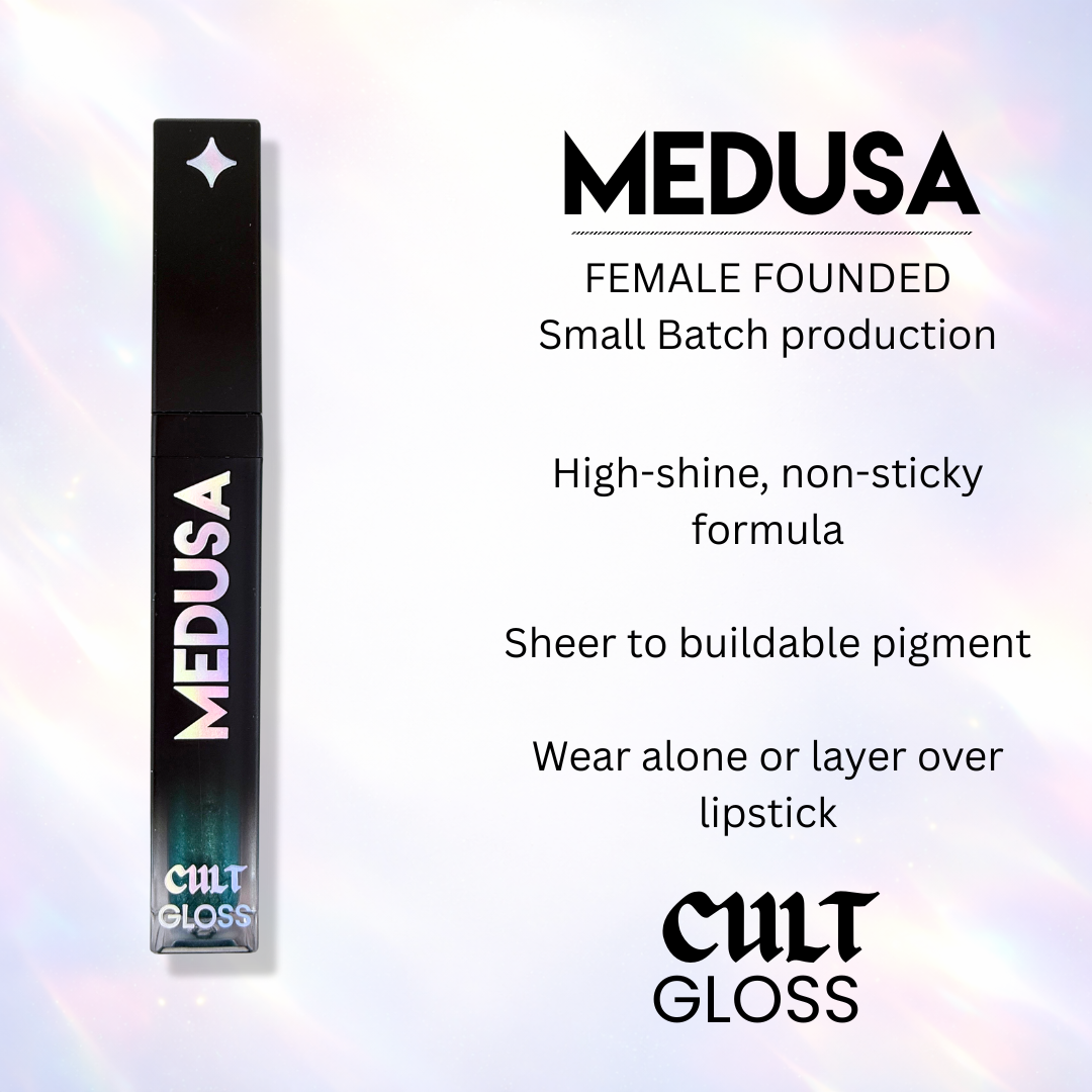 Cult Gloss Medusa lip gloss packaging with product details on a white background