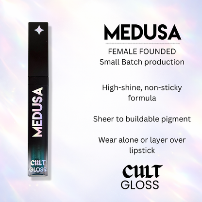 Cult Gloss Medusa lip gloss packaging with product details on a white background