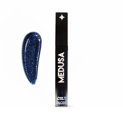 Blue glittery lip gloss with black packaging labeled 'MEDUSA' on a white background