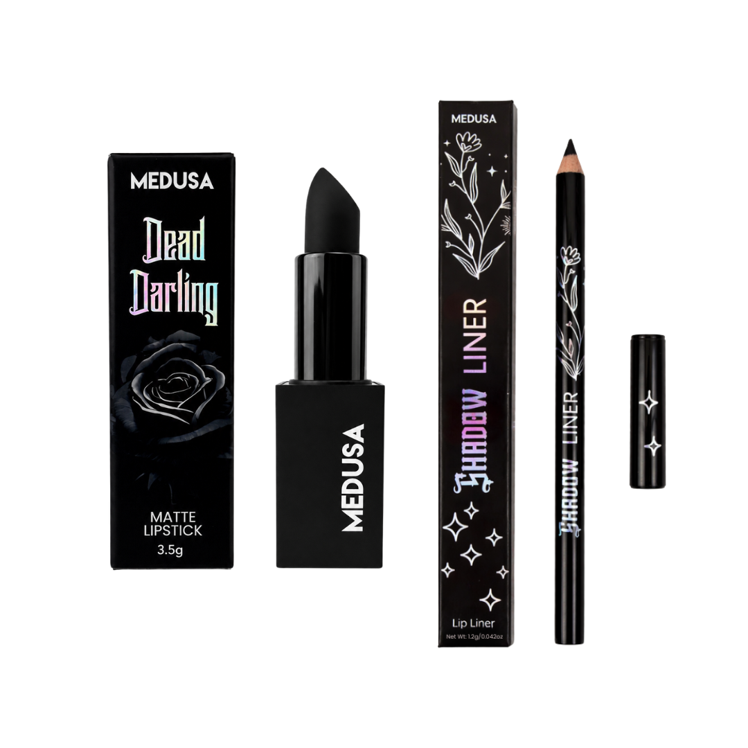 Medusa Dead Darling matte lipstick and matching lip liner set, featuring black packaging, the lipstick bullet in its black tube, and the lip liner pencil and cap on a white background.