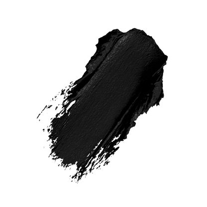 A textured black cosmetic swatch or paint stroke on a solid white background.