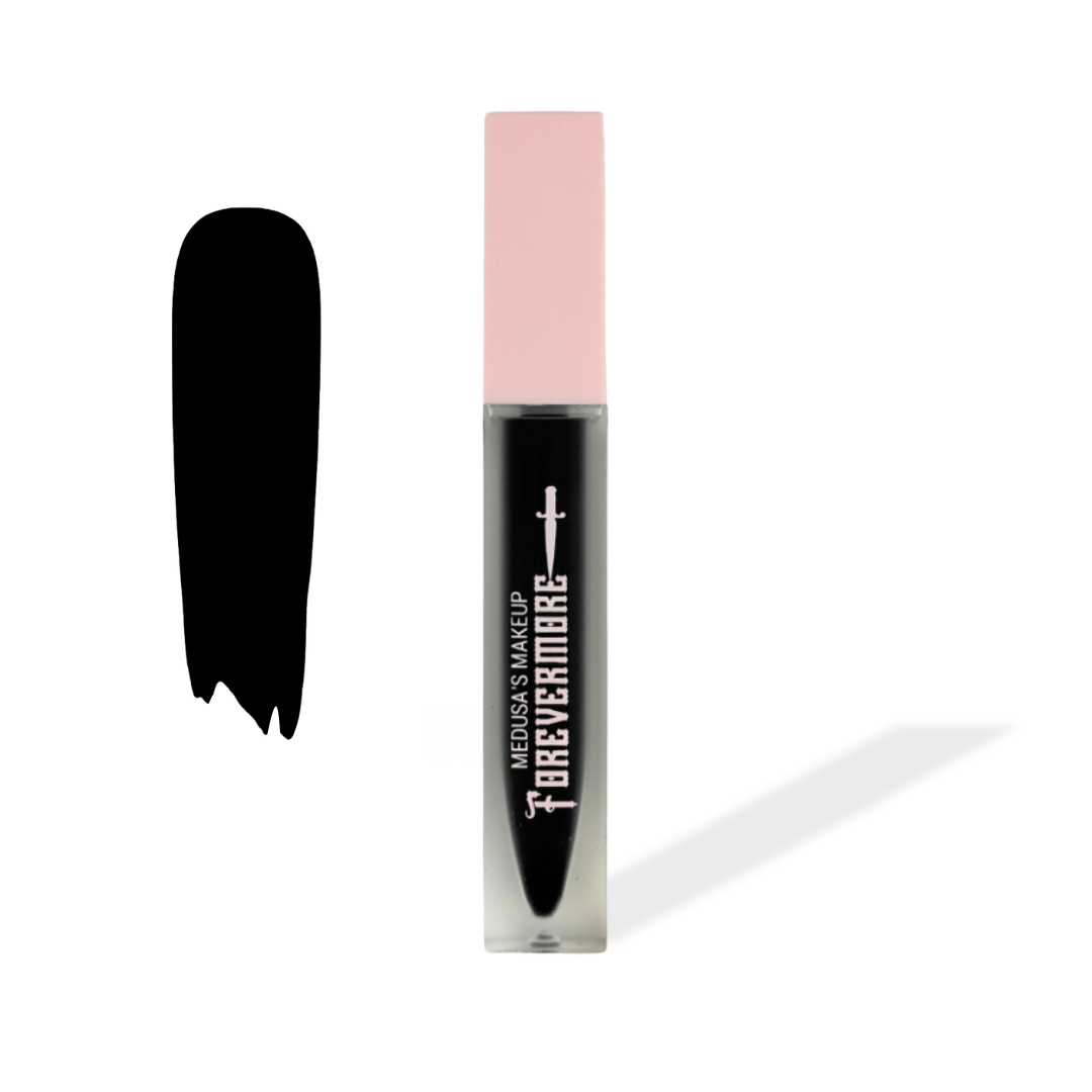 Black lip gloss with pink cap on a white background