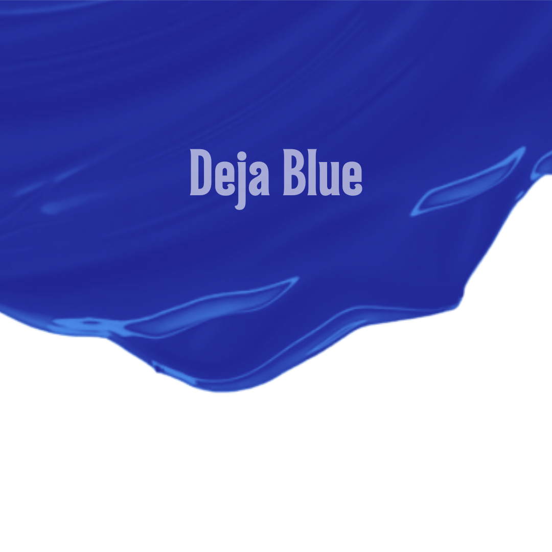 Blue fabric texture with 'Deja Blue' branding on a white background
