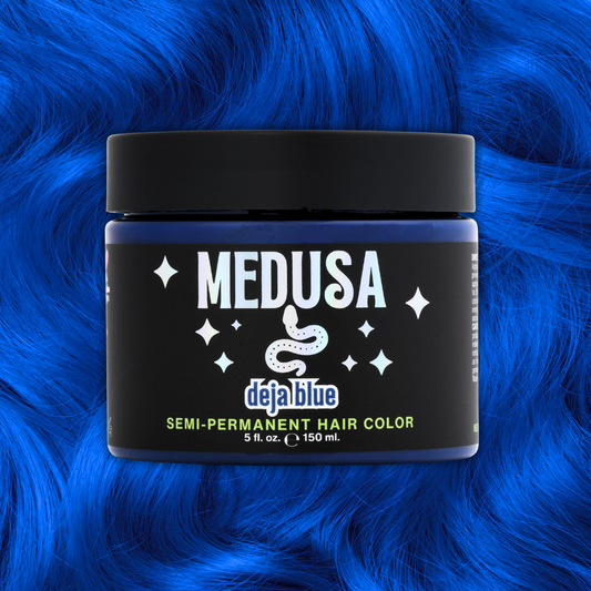 Jar of Medusa Deja Blue semi-permanent hair color on a blue hair background