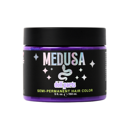 Medusa semi-permanent hair color jar with black lid and purple base on a white background