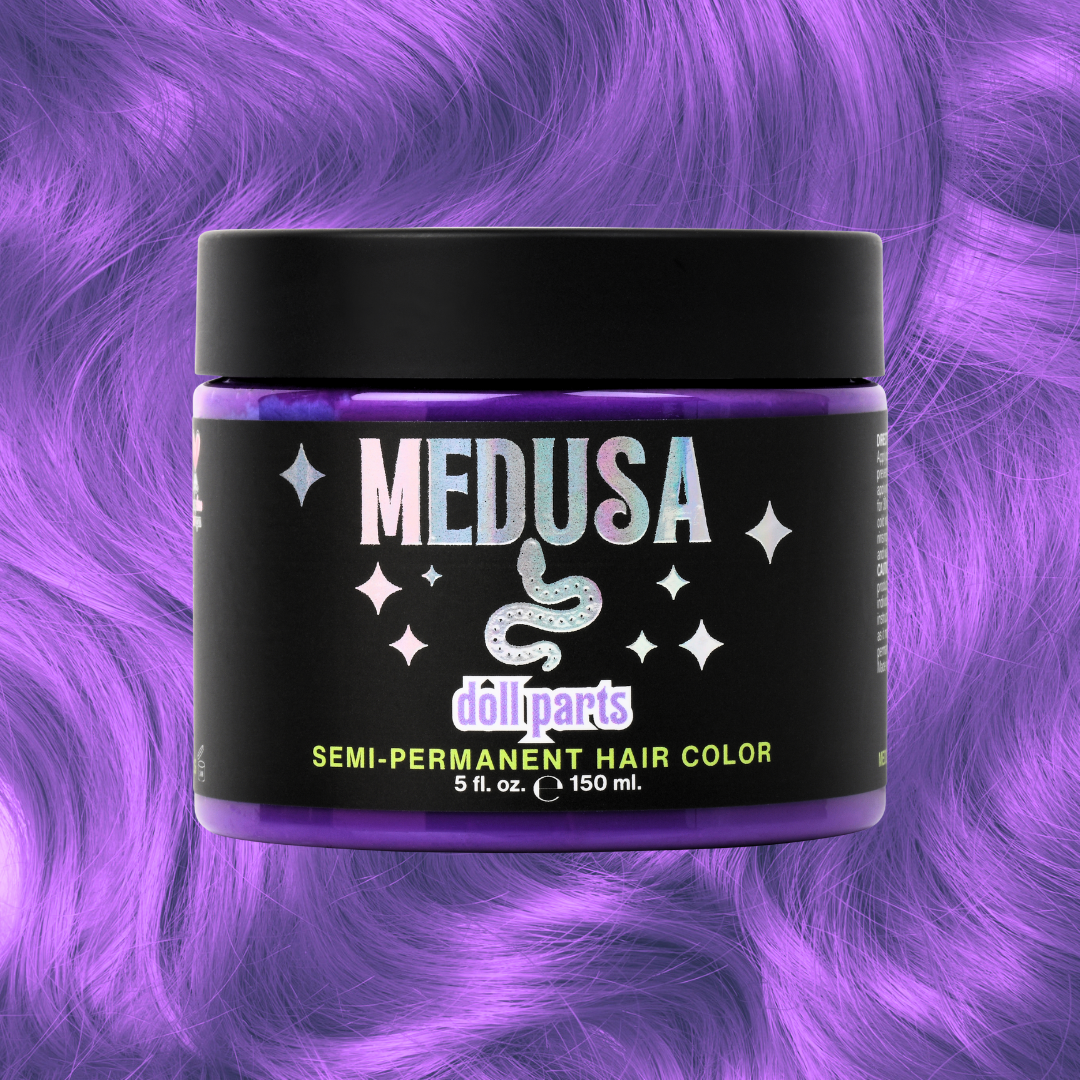 Jar of Medusa doll parts semi-permanent hair color against a purple hair background