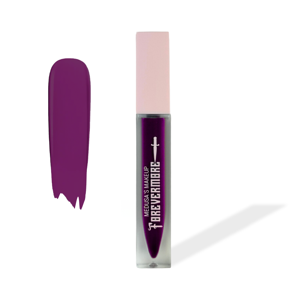 Purple lip gloss with pink cap on a white background