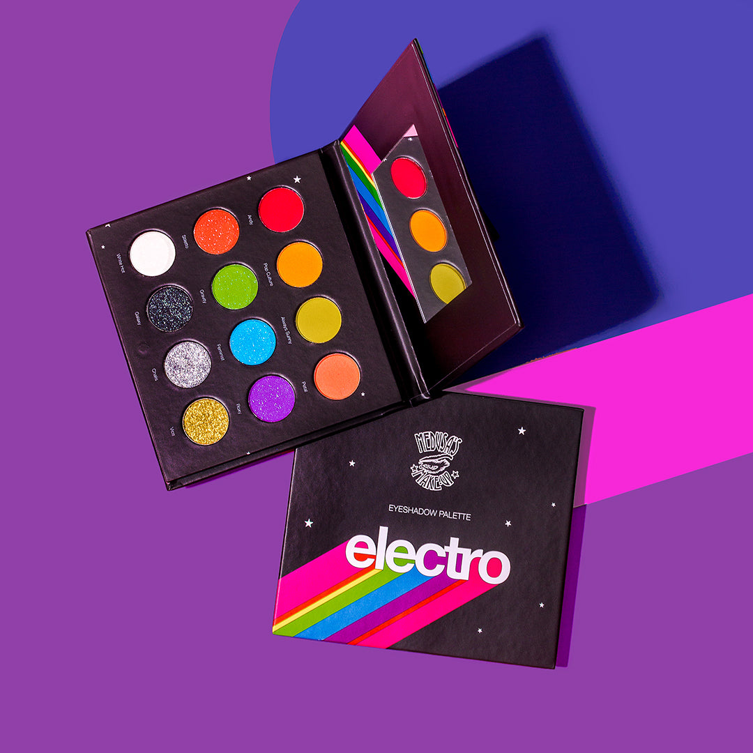 Colorful eyeshadow palette with 'electro' branding on a purple and pink background