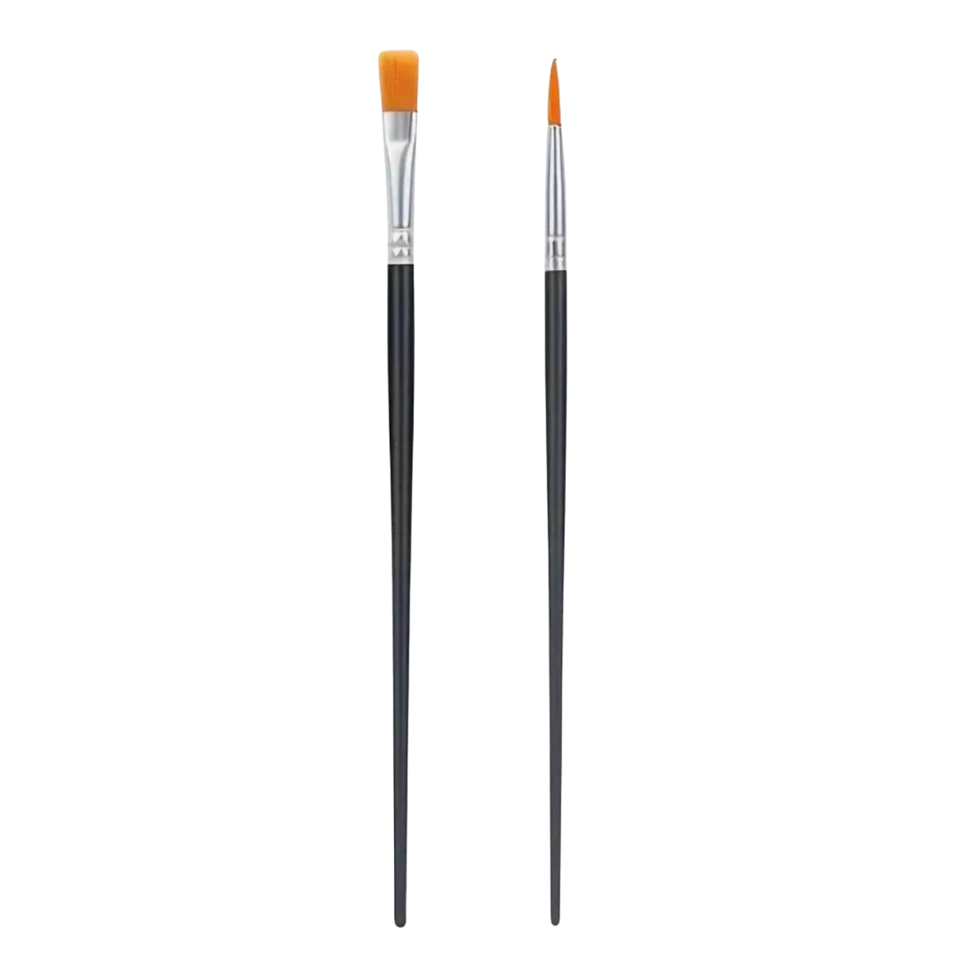 Two paint brushes with black handles and orange bristles on a white background