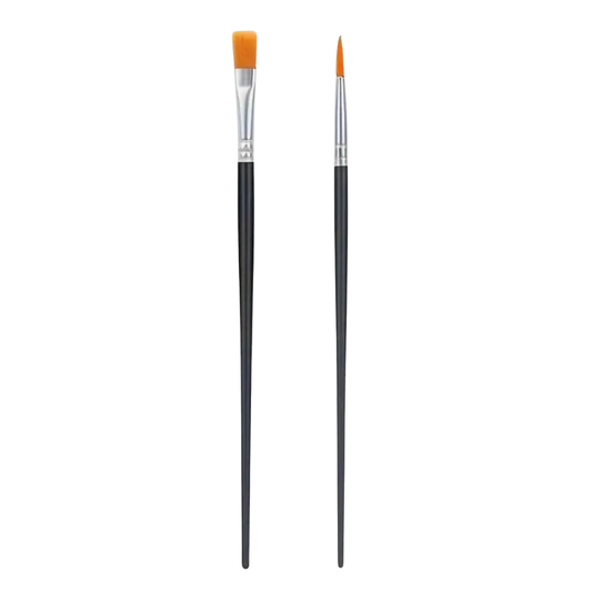 Two paint brushes with black handles and orange bristles on a white background