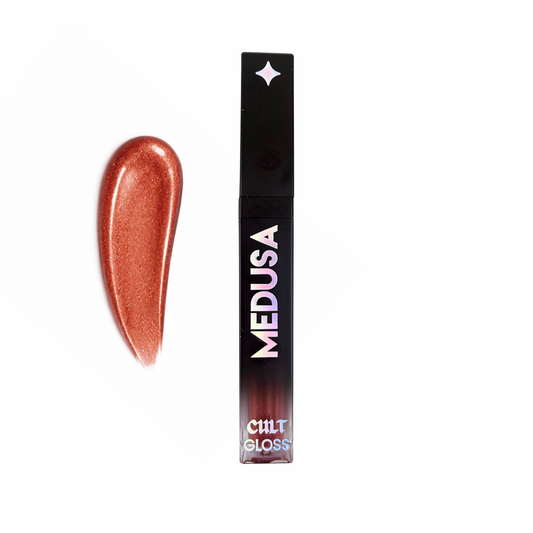 Lip gloss with 'Medusa' and 'Cult' branding on a white background